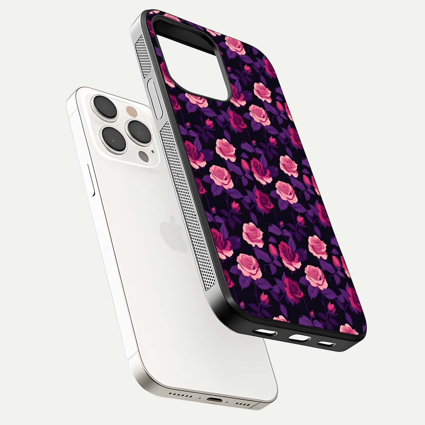 Rose Garden Twilight Glass Case for iPhone 15 Pro Max floating dual-view mockup displaying gloss surface and depth