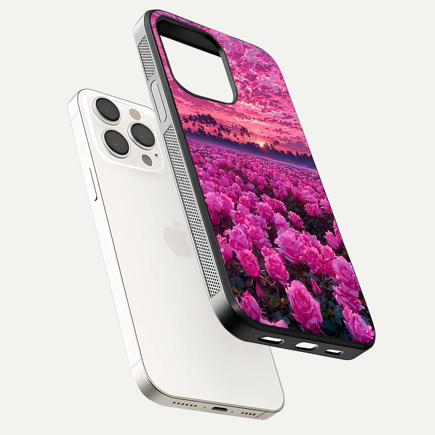 Rose Sunset Valley Glass Case for iPhone 15 Pro Max floating dual-view mockup showing gloss reflection and art depth