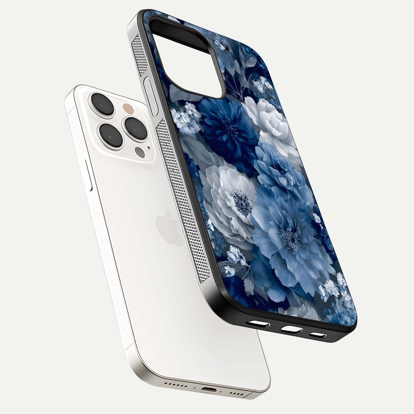 Royal Bloom Garden Glass Case for iPhone 15 Pro Max floating dual-view mockup displaying gloss and print clarity