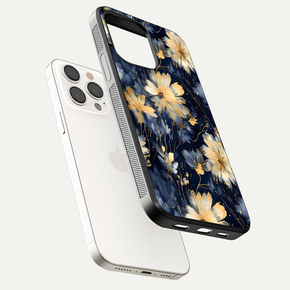 Royal Petal Dream Glass Case for iPhone 15 Pro Max floating dual-view mockup displaying gloss reflection and tone contrast