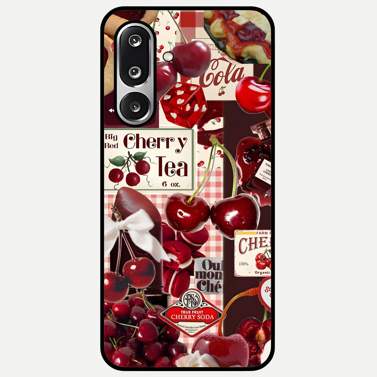 Aesthetic Cherry Tea Glass Case showing full back design in clean flat view with cherry collage details and glossy glass finish.