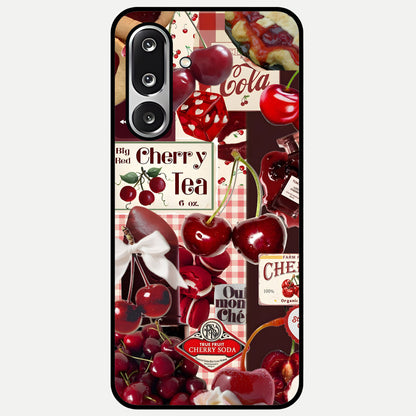 Aesthetic Cherry Tea Glass Case showing full back design in clean flat view with cherry collage details and glossy glass finish.