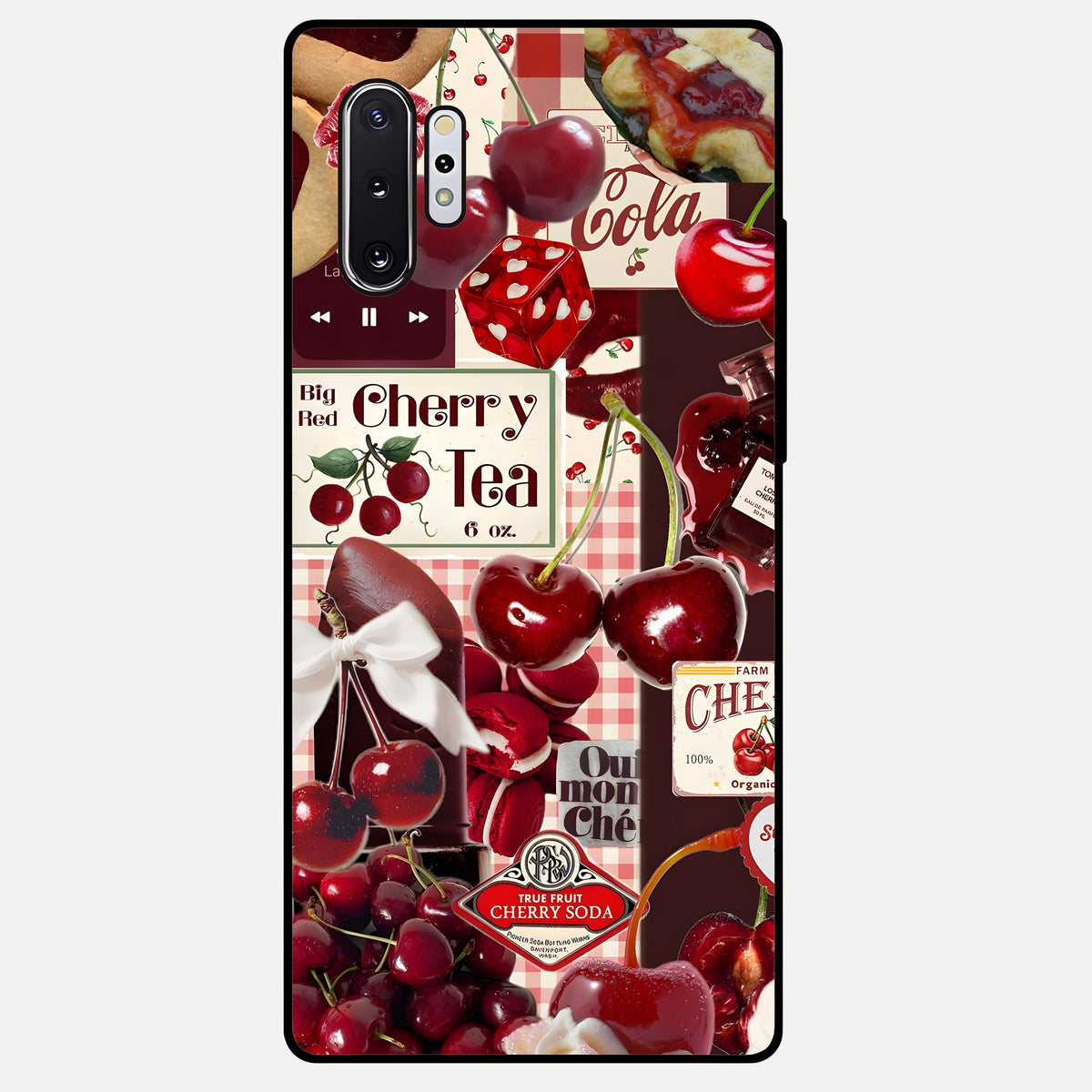 Aesthetic Cherry Tea Glass Case showing full back design in clean flat view with cherry collage details and glossy glass finish.