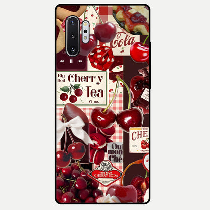 Aesthetic Cherry Tea Glass Case showing full back design in clean flat view with cherry collage details and glossy glass finish.