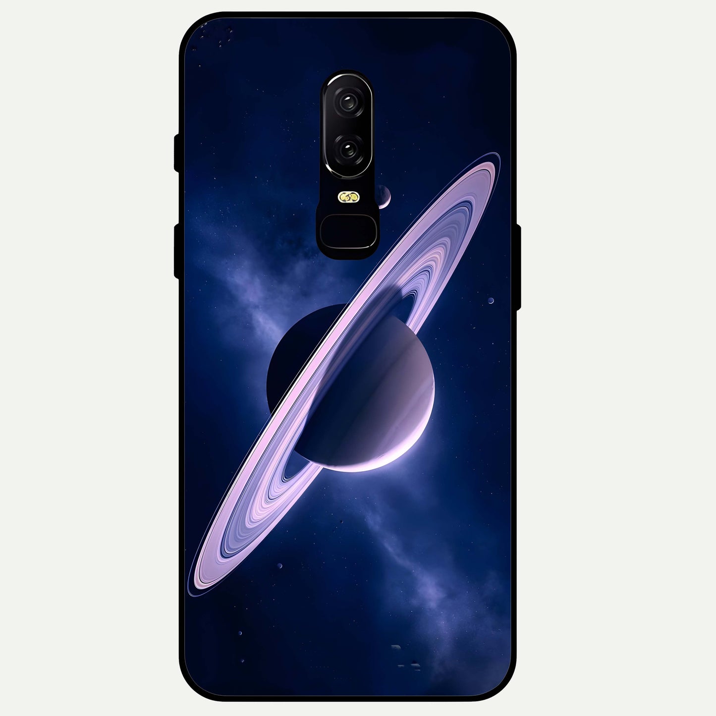 Saturn Ring Mystique Glass Case captured at a warm angle highlighting planetary ring details, gloss, and edge clarity.