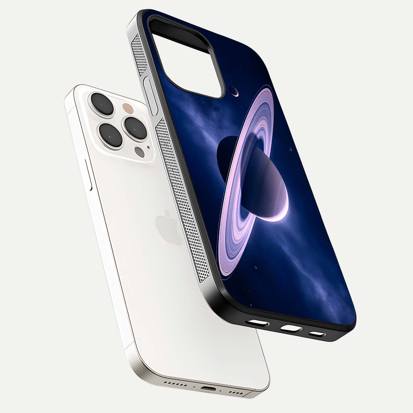 Saturn Ring Mystique Glass Case for iPhone 15 Pro Max floating dual-view mockup showing gloss finish and star detail