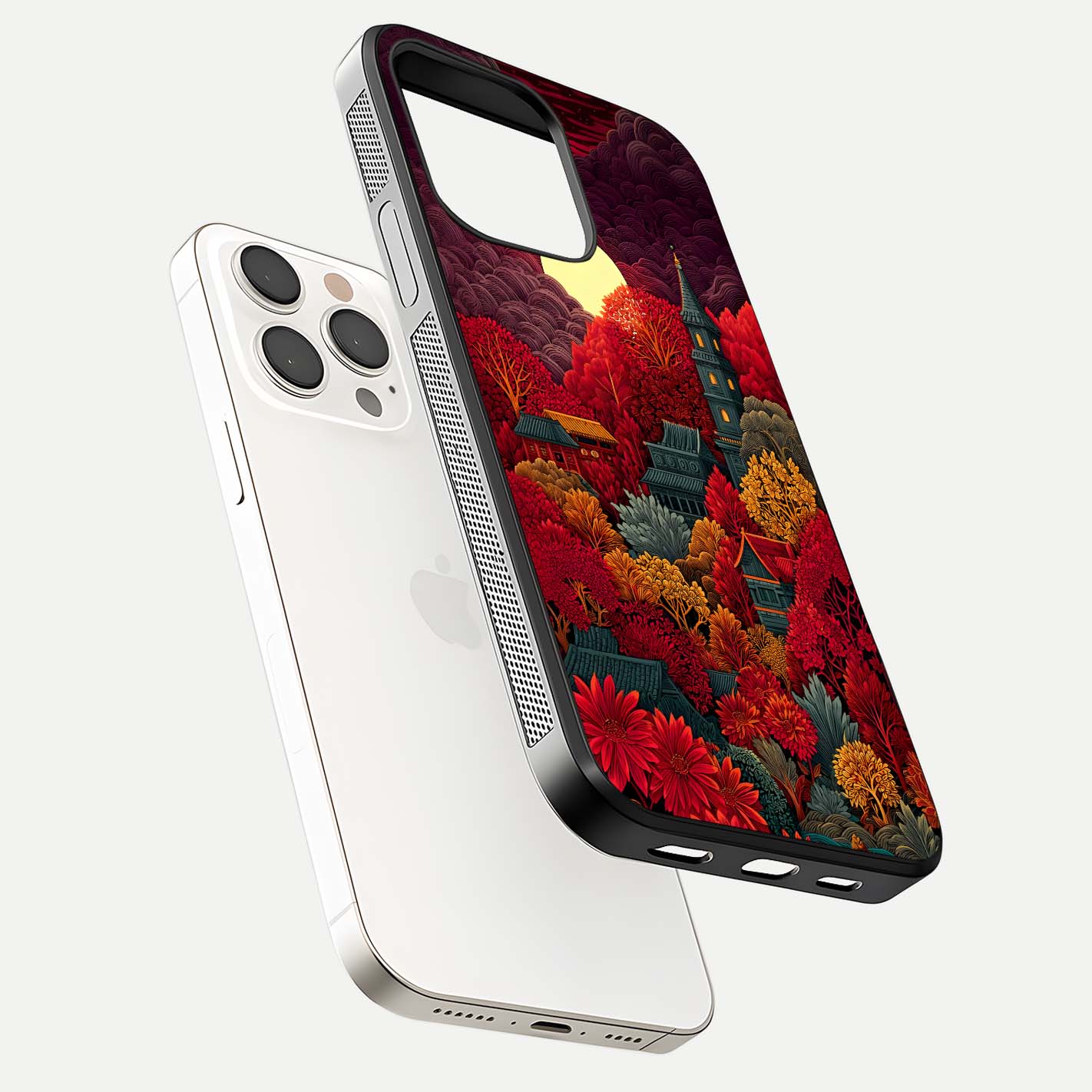 Scarlet Autumn Temple Glass Case for iPhone 15 Pro Max floating dual-view mockup displaying gloss shine and autumn tones