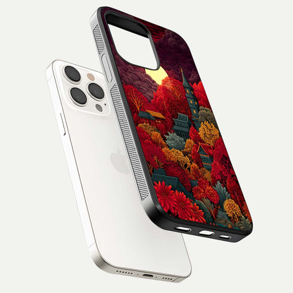 Scarlet Autumn Temple Glass Case for iPhone 15 Pro Max floating dual-view mockup displaying gloss shine and autumn tones