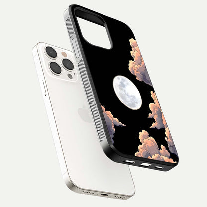 Shade Cloud Moon Glass Case for iPhone 15 Pro Max floating dual-view mockup showing gloss and celestial texture