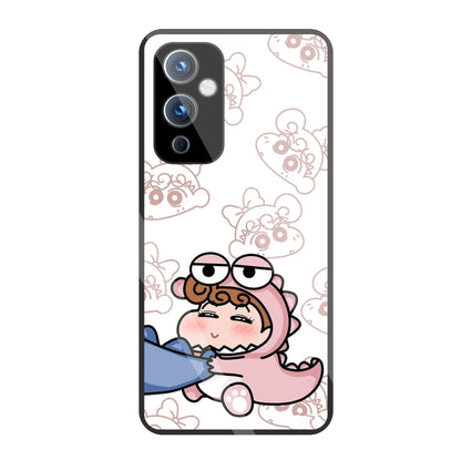 Shinchan Pink Dino Glass Case For OnePlus 9