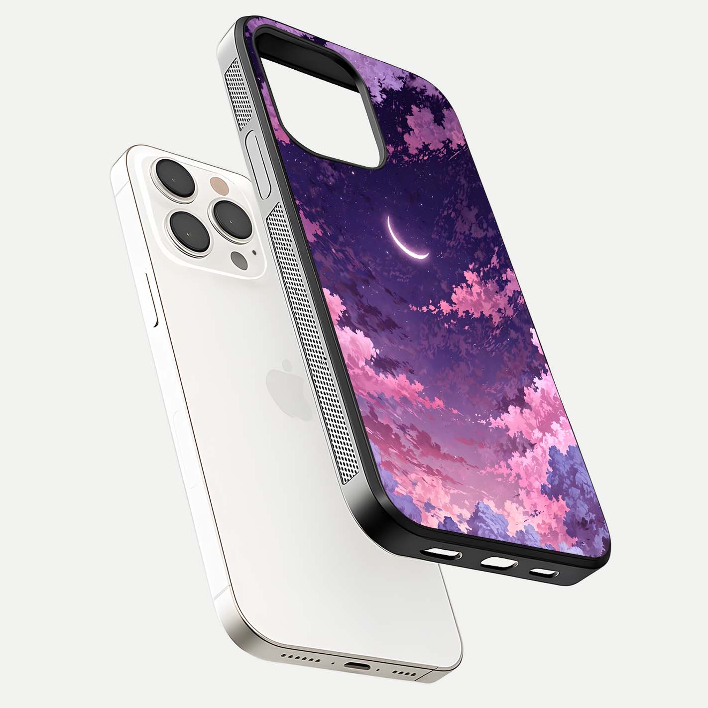 Sky Drift Clouds Glass Case for iPhone 15 Pro Max floating dual-view mockup displaying gloss shine and depth