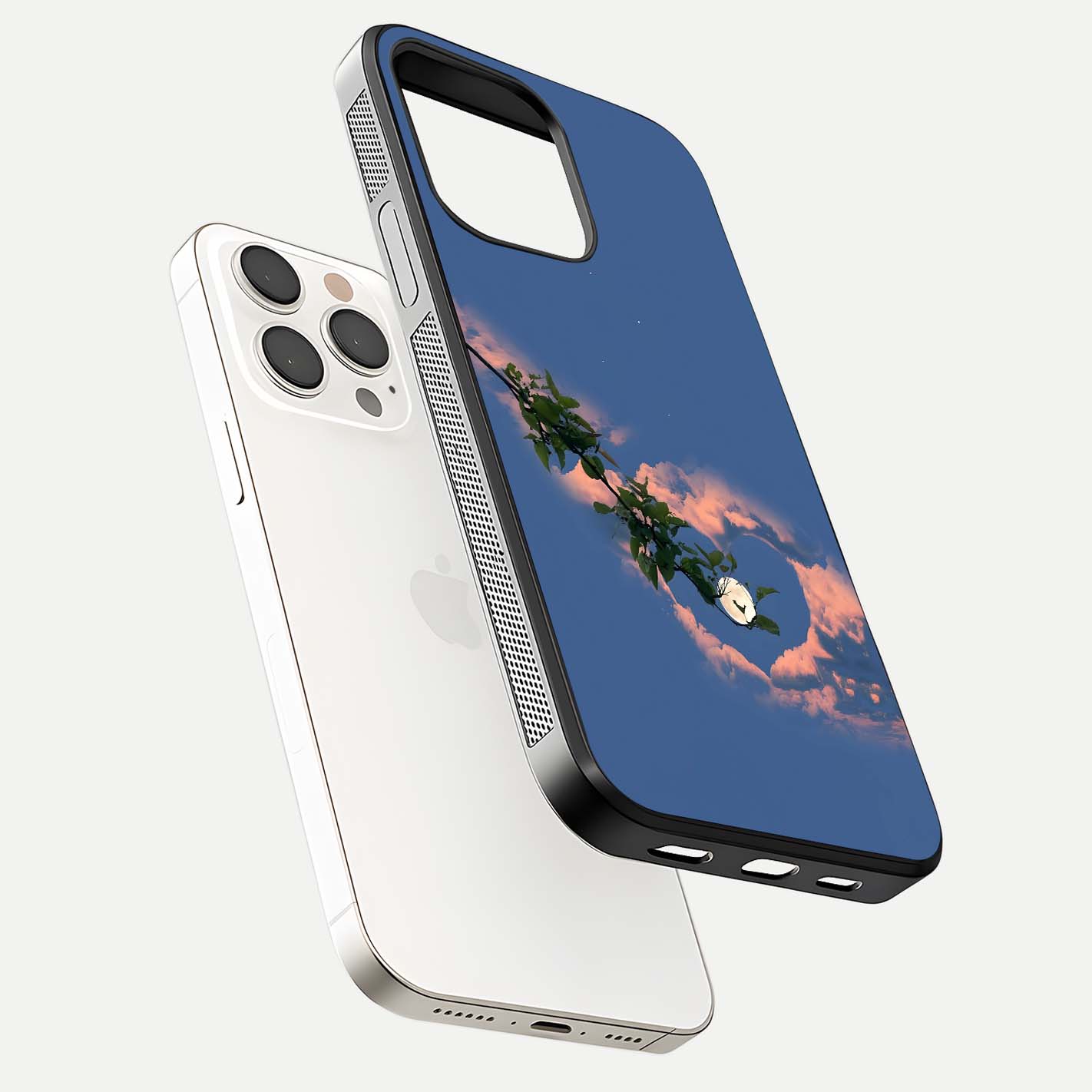Sky Under Tree Glass Case for iPhone 15 Pro Max floating dual-view mockup displaying gloss reflection and landscape tone