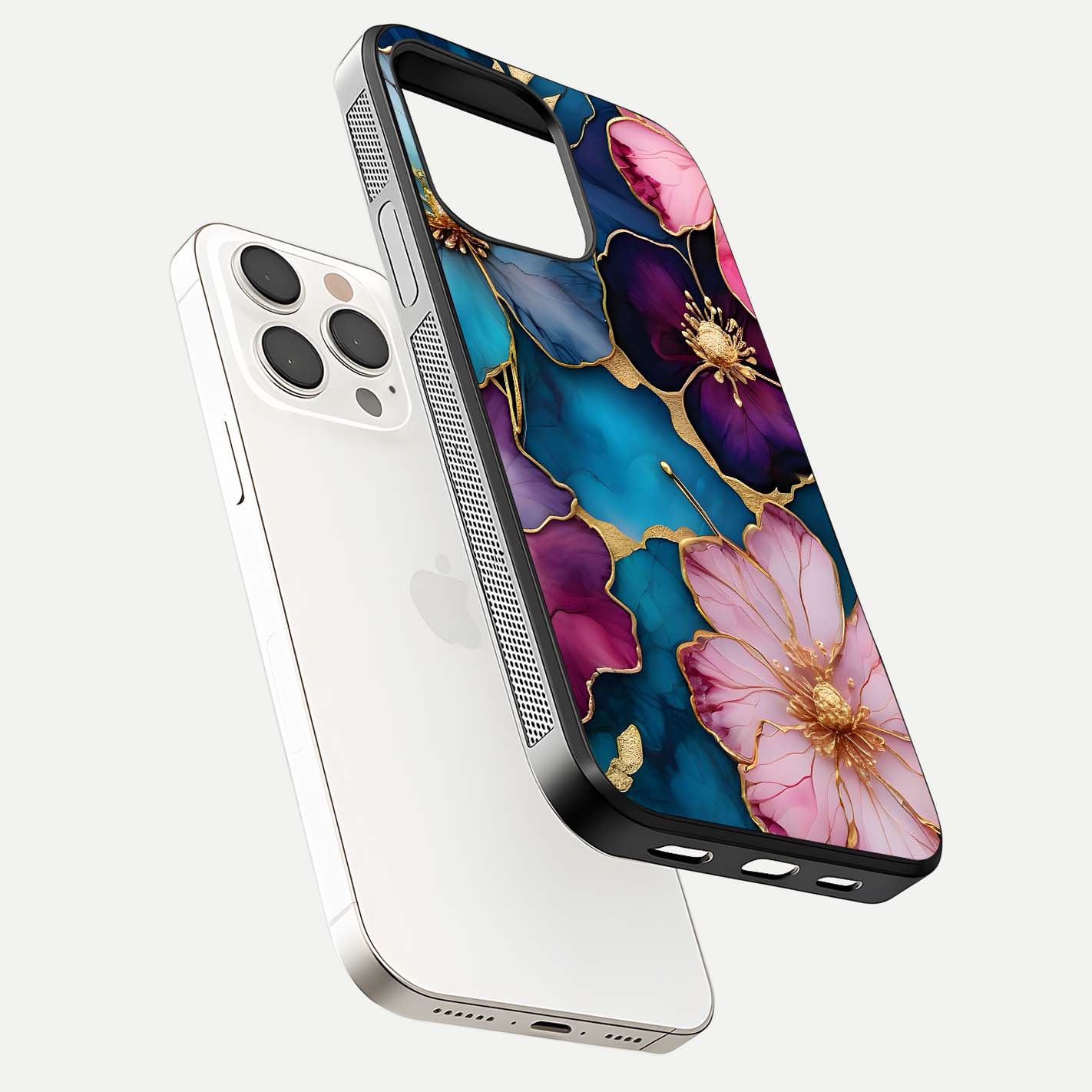 Sparkle Floral Glass Case for iPhone 15 Pro Max floating dual-view mockup displaying gloss surface and sparkle effect