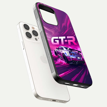 Speed Drift Legend Glass Case for iPhone 15 Pro Max floating dual-view mockup displaying gloss shine and motion effect