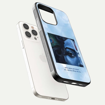 Spiritual Krishna Glass Case for iPhone 15 Pro Max side-angle image showing reflection and vivid artwork clarity