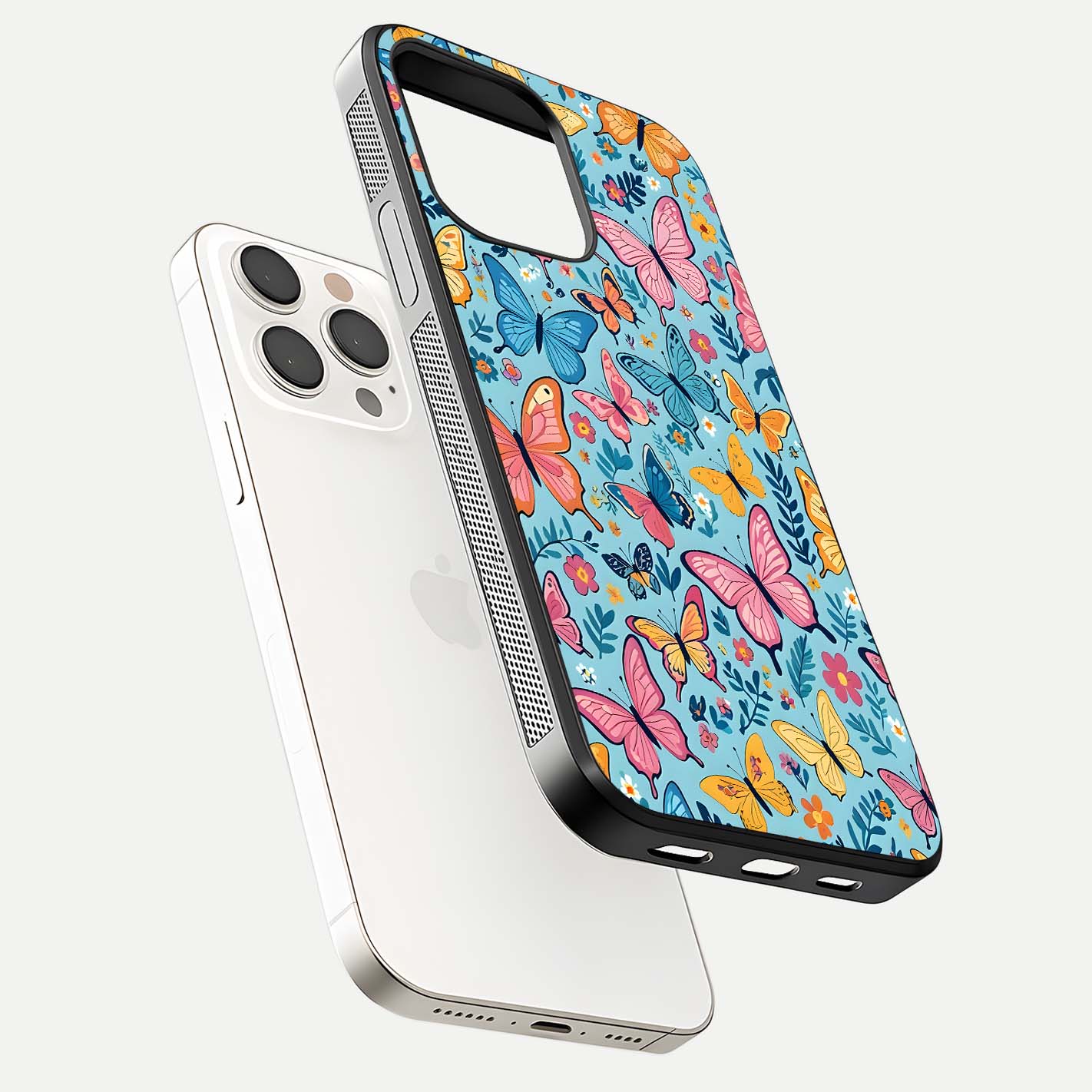 Spring Wing Garden Glass Case for iPhone 15 Pro Max floating dual-view mockup showing gloss texture and vivid print