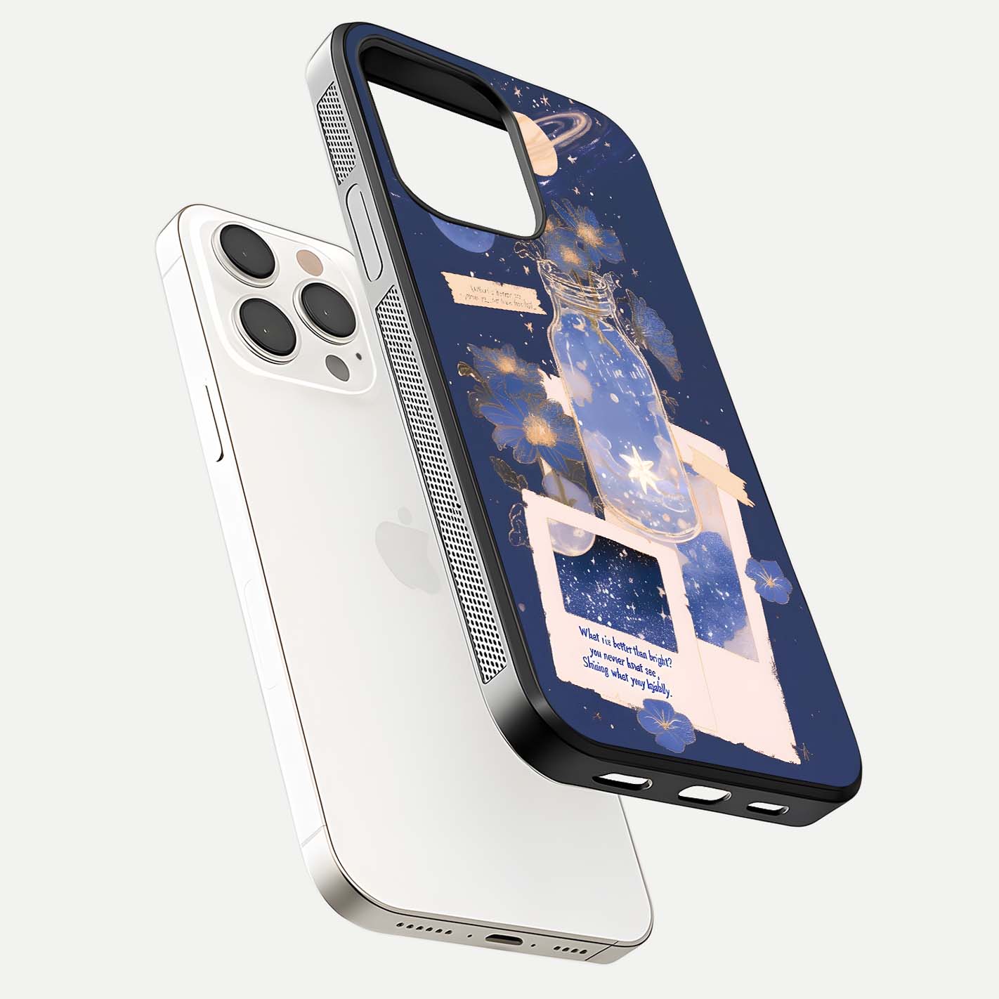 Starlit Cosmic Jar Glass Case for iPhone 15 Pro Max floating dual-view mockup displaying gloss and starry depth
