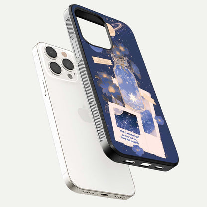 Starlit Cosmic Jar Glass Case for iPhone 15 Pro Max floating dual-view mockup displaying gloss and starry depth