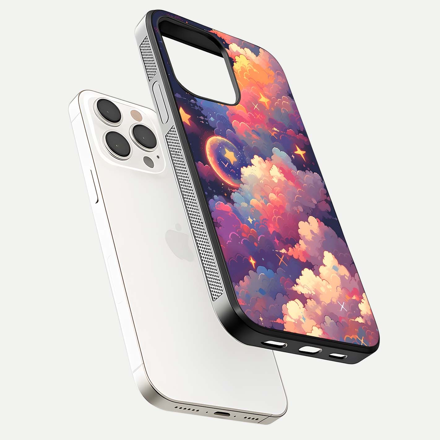 Starlit Dream Clouds Glass Case for iPhone 15 Pro Max floating dual-view mockup displaying gloss and soft light detail