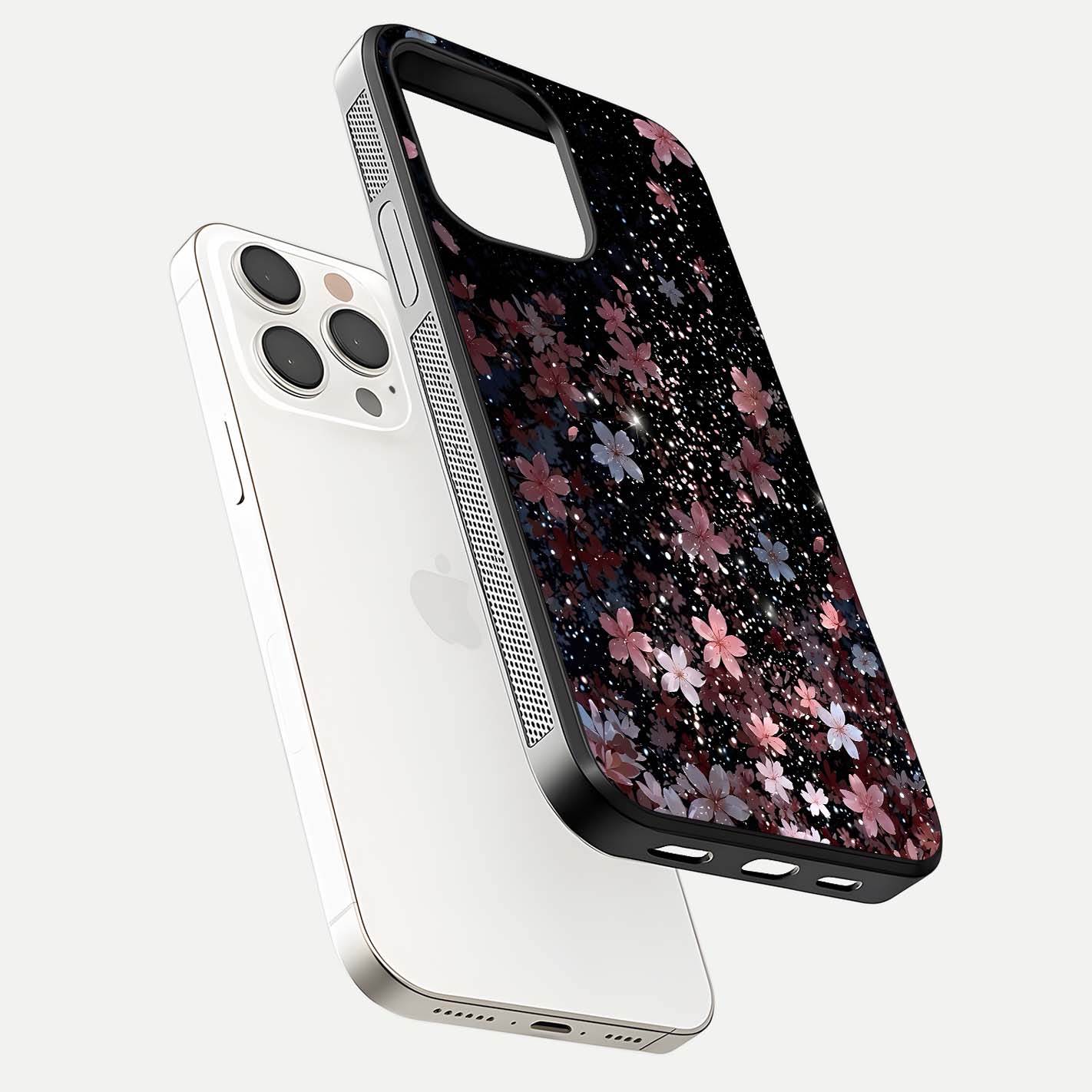 Starlit Flower Dreams Glass Case for iPhone 15 Pro Max floating dual-view mockup displaying gloss and print clarity