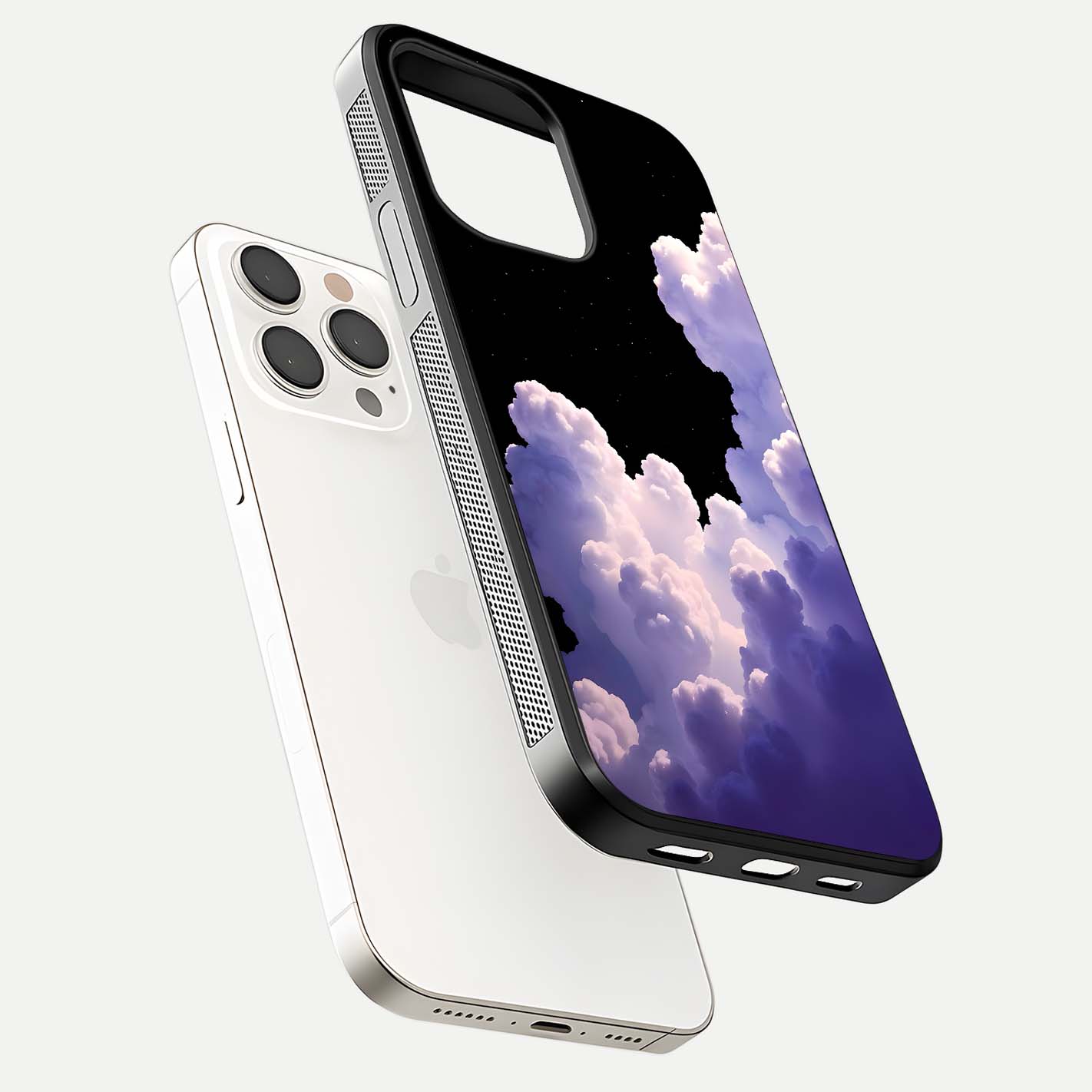 Starlit Night Whispers Glass Case for iPhone 15 Pro Max floating dual-view mockup displaying gloss surface and depth