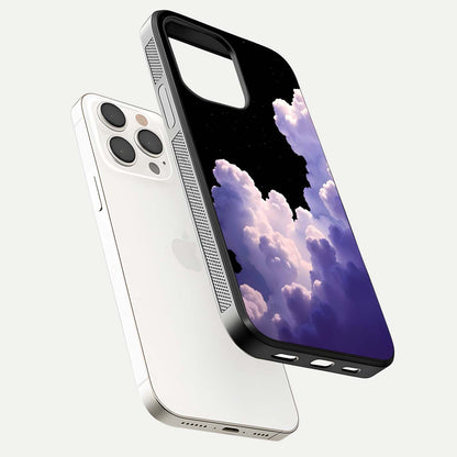 Starlit Night Whispers Glass Case for iPhone 15 Pro Max floating dual-view mockup displaying gloss surface and depth