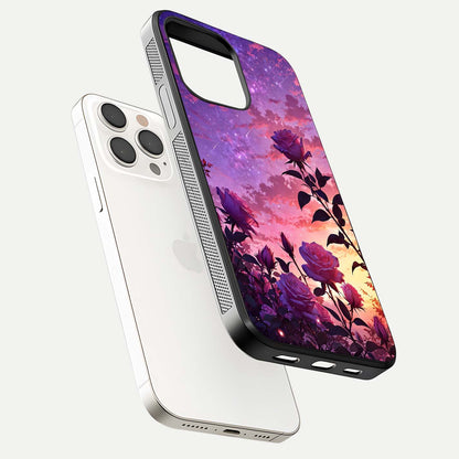 Starlit Rose Twilight Glass Case for iPhone 15 Pro Max floating dual-view mockup displaying gloss shine and depth
