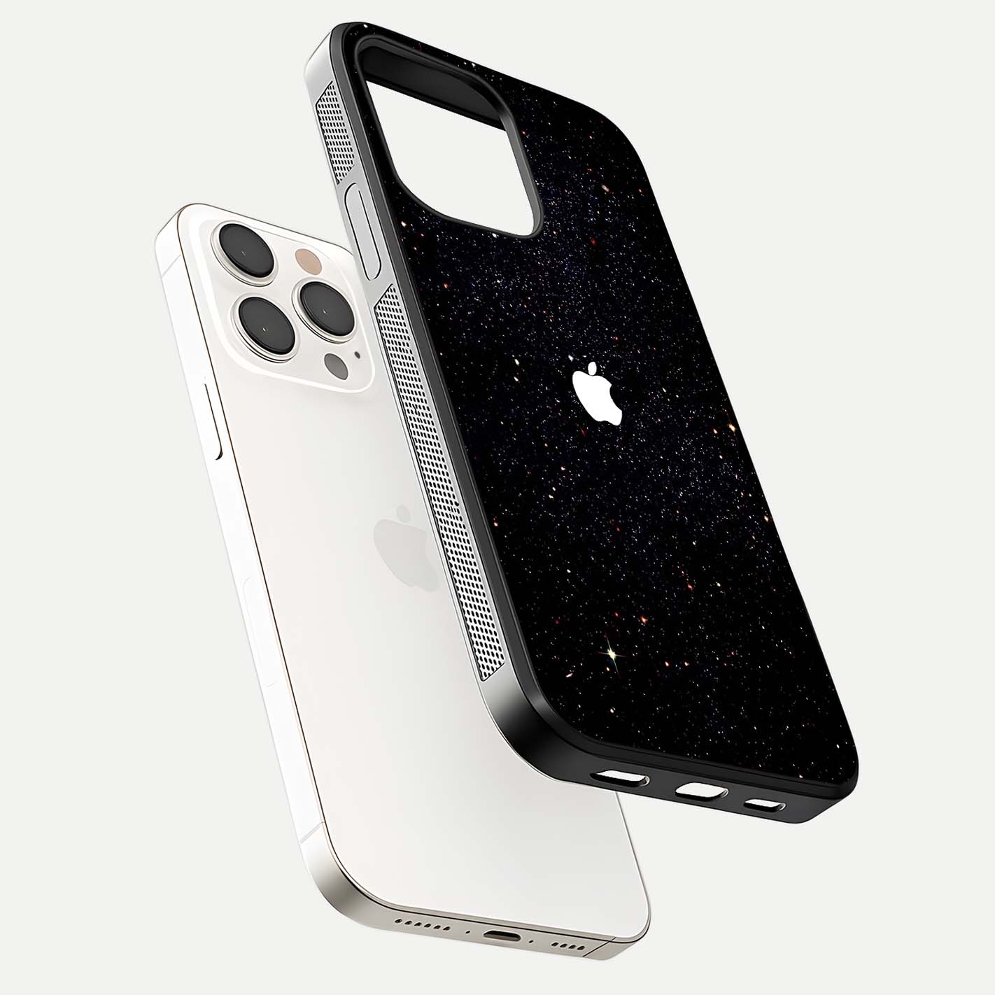 Starry Apple Galaxy Glass Case for iPhone 15 Pro Max floating dual-view mockup displaying reflection and shine