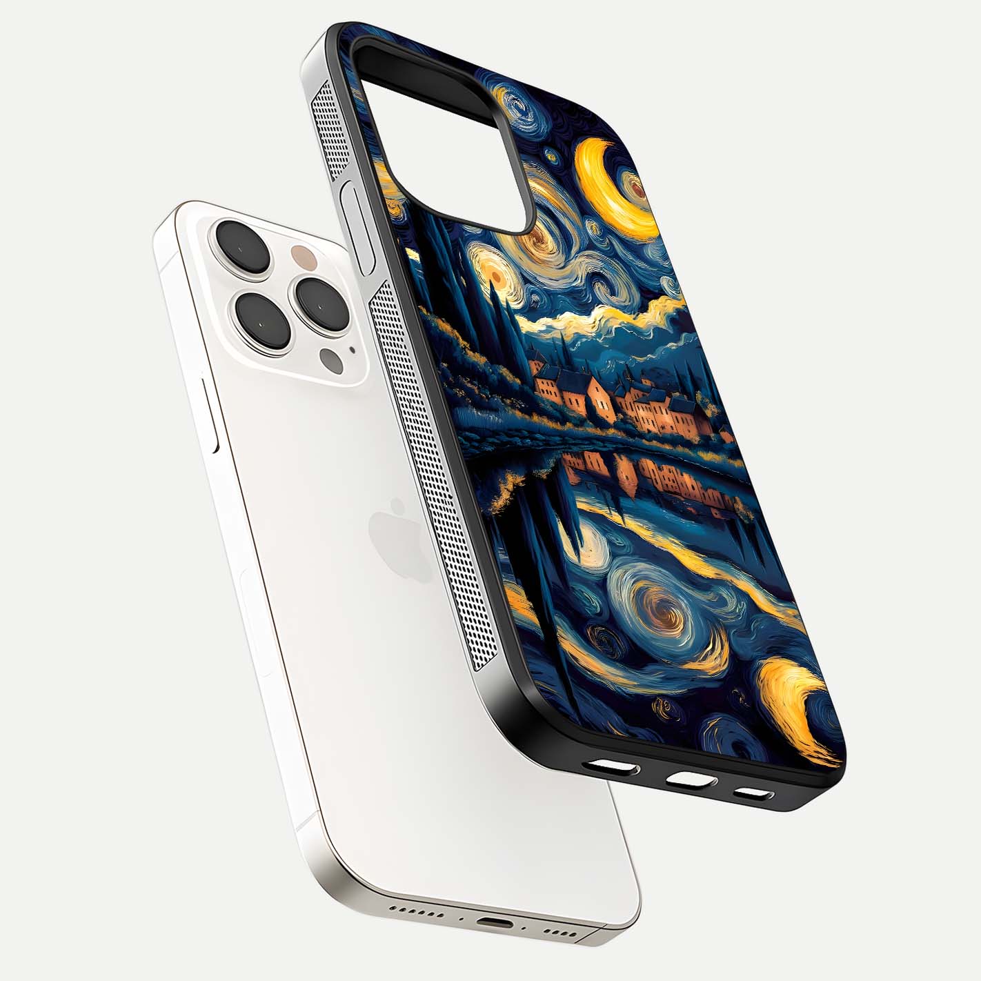 Starry Sky Serenity Glass Case for iPhone 15 Pro Max floating dual-view mockup displaying gloss texture and shine