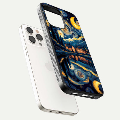 Starry Sky Serenity Glass Case for iPhone 15 Pro Max floating dual-view mockup displaying gloss texture and shine