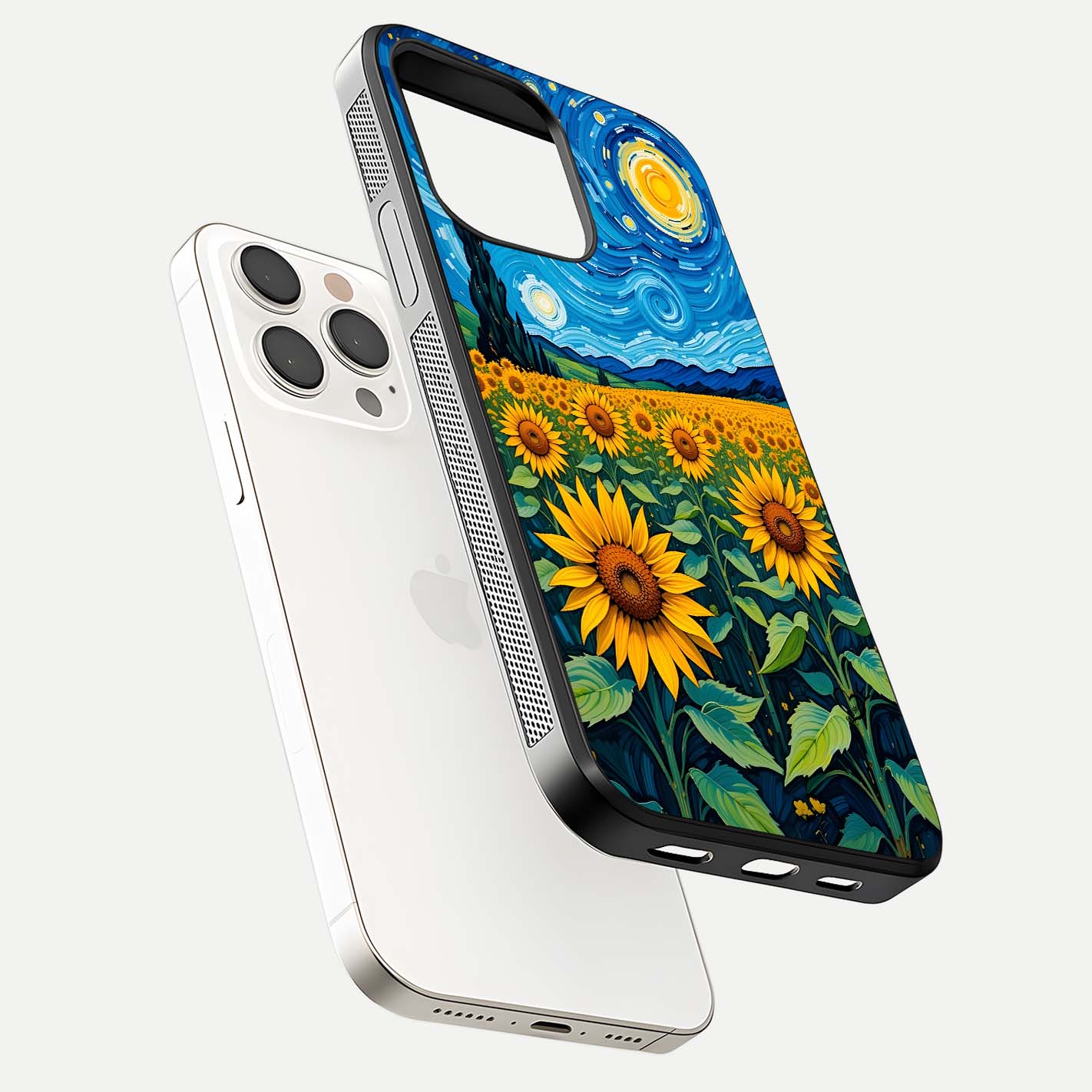 Starry Sunflower Dreams Glass Case for iPhone 15 Pro Max floating dual-view mockup displaying gloss and vivid print
