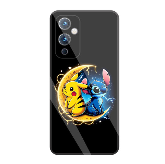Stitch And Pikachu Moon Glass Case For Oneplus 9