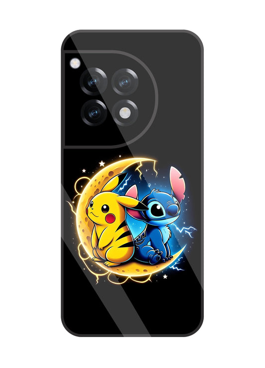 Stitch And Pikachu Moon Glass Case For Oneplus 12R