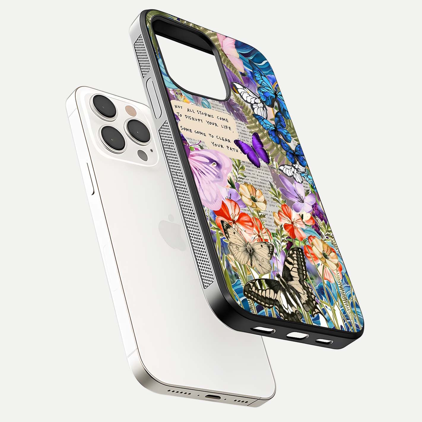 Storm Path Bloom Glass Case for iPhone 15 Pro Max floating dual-view mockup displaying gloss and pattern depth