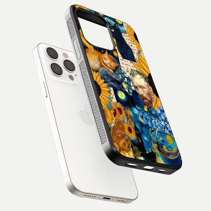 Sunflower Cat Art Glass Case for iPhone 15 Pro Max floating dual-view mockup displaying gloss shine and HD art print