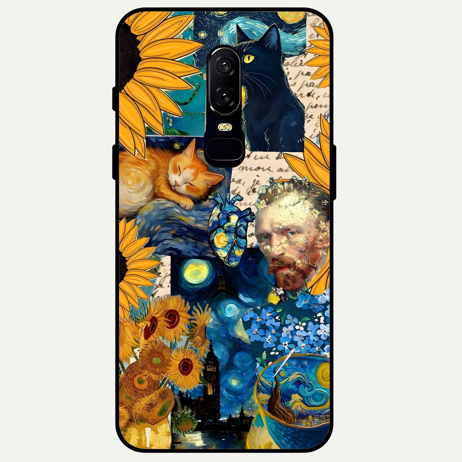 Sunflower Cat Art Glass Case captured at a warm angle highlighting cheerful tones, gloss, and edge clarity.