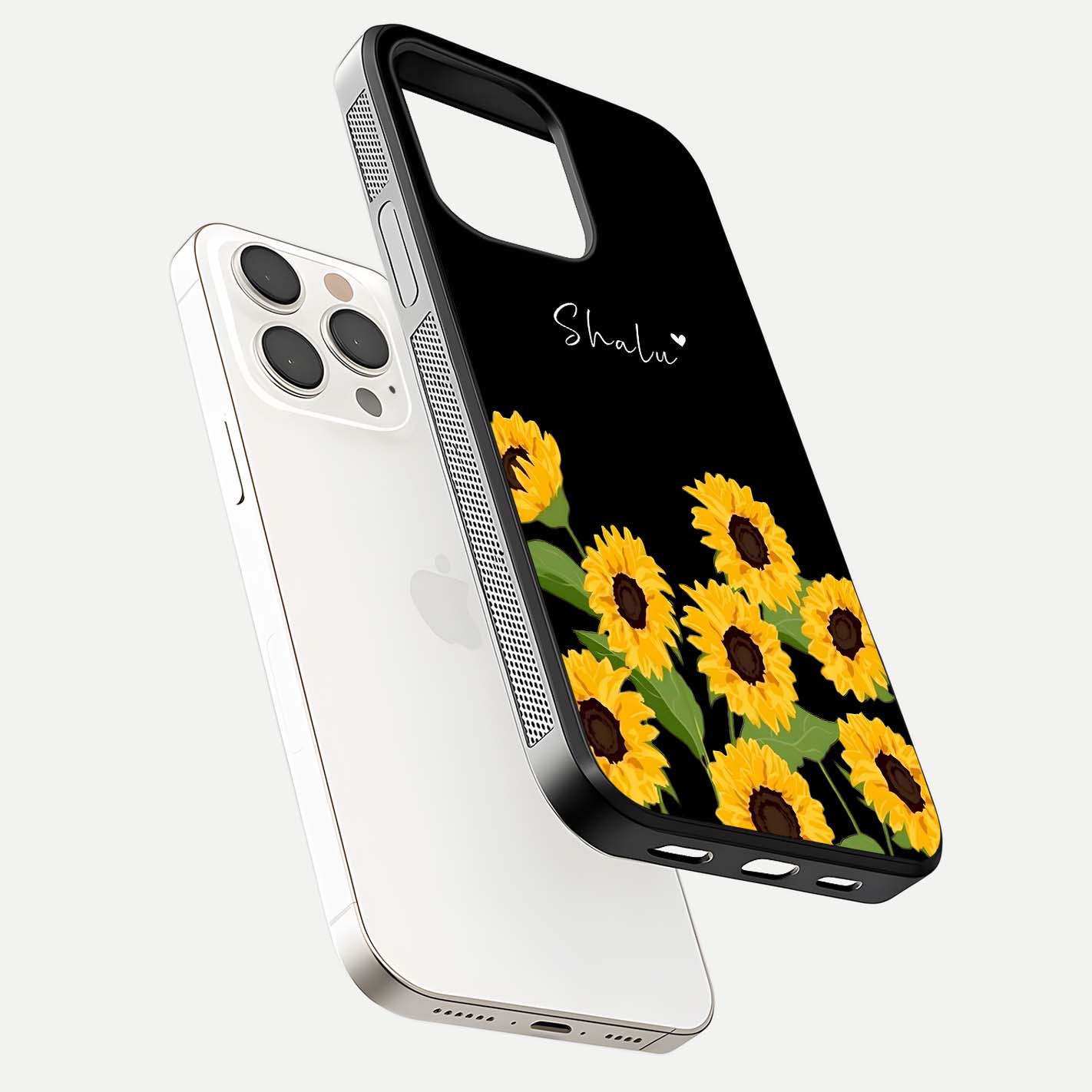 Sunflower Chic Mood Custom Name Glass Case for iPhone 15 Pro Max floating dual-view mockup displaying gloss texture and detail