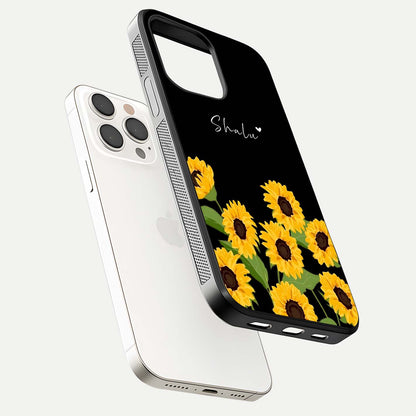 Sunflower Chic Mood Custom Name Glass Case for iPhone 15 Pro Max floating dual-view mockup displaying gloss texture and detail