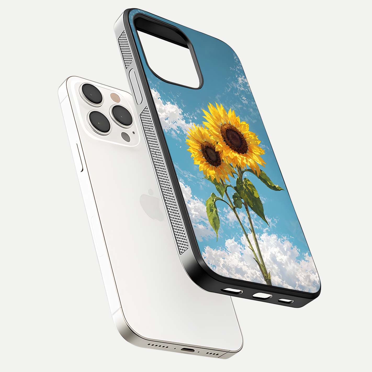 Sunflower Sky Bloom Glass Case for iPhone 15 Pro Max floating dual-view mockup displaying gloss shine and vibrant texture