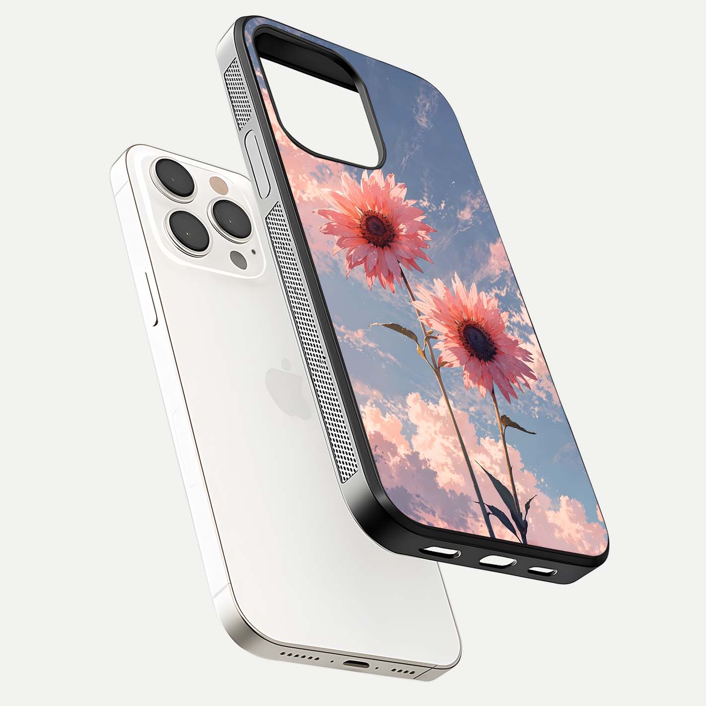 Sunlit Daisy Glow Glass Case for iPhone 15 Pro Max floating dual-view mockup displaying gloss finish and HD print