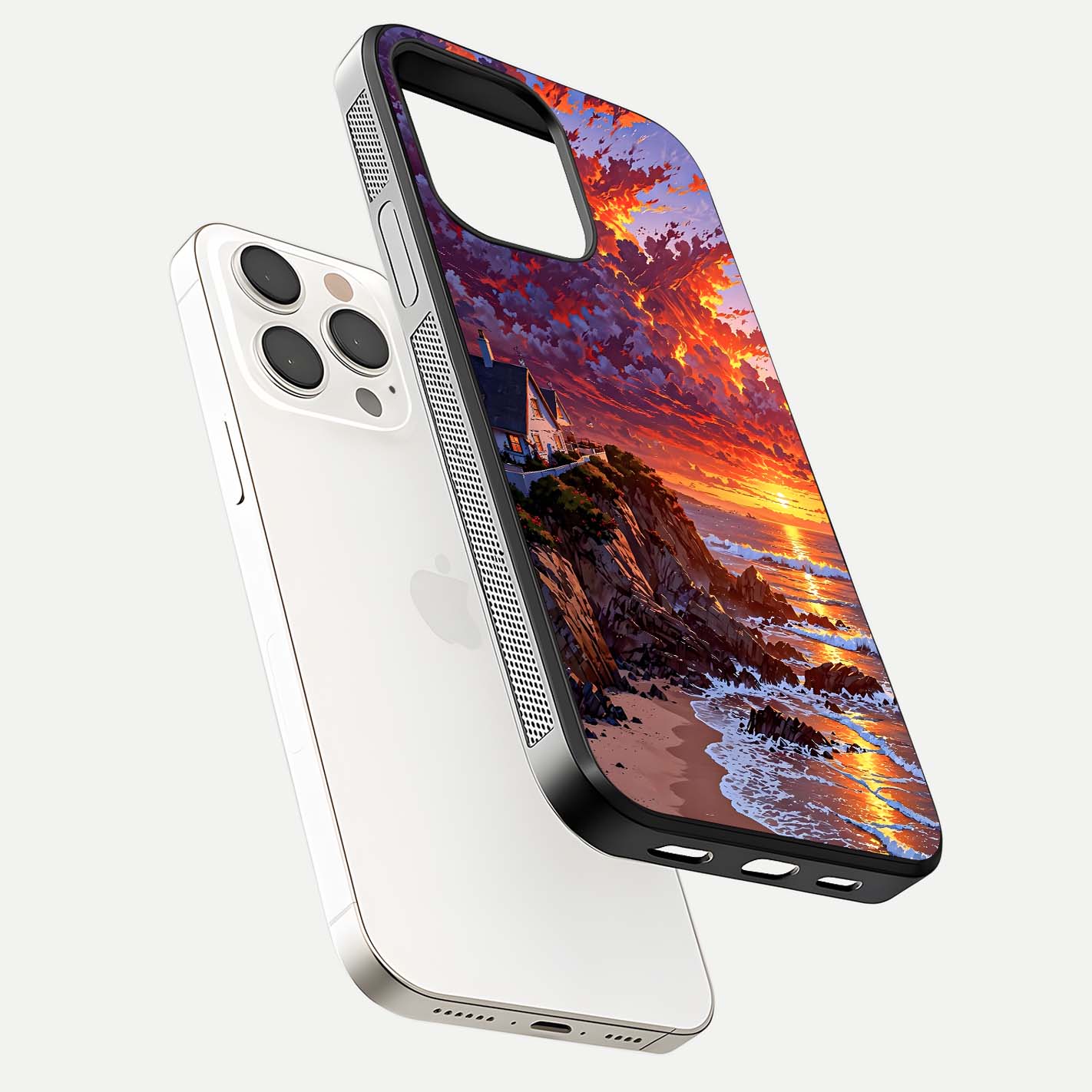 Sunset House by Sea Glass Case for iPhone 15 Pro Max floating dual-view mockup displaying gloss shine and depth