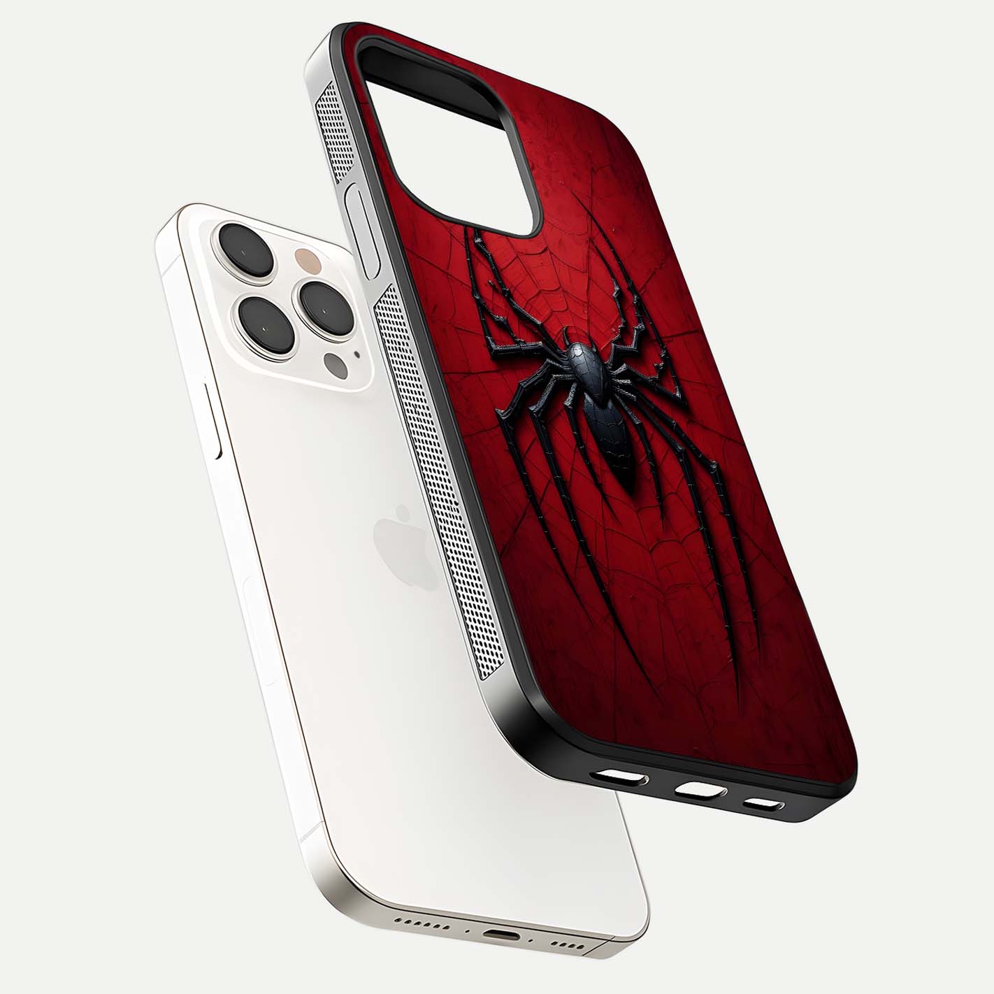 Venom Web Emblem Glass Case for iPhone 15 Pro Max side-angle image showing reflection and dark color tones
