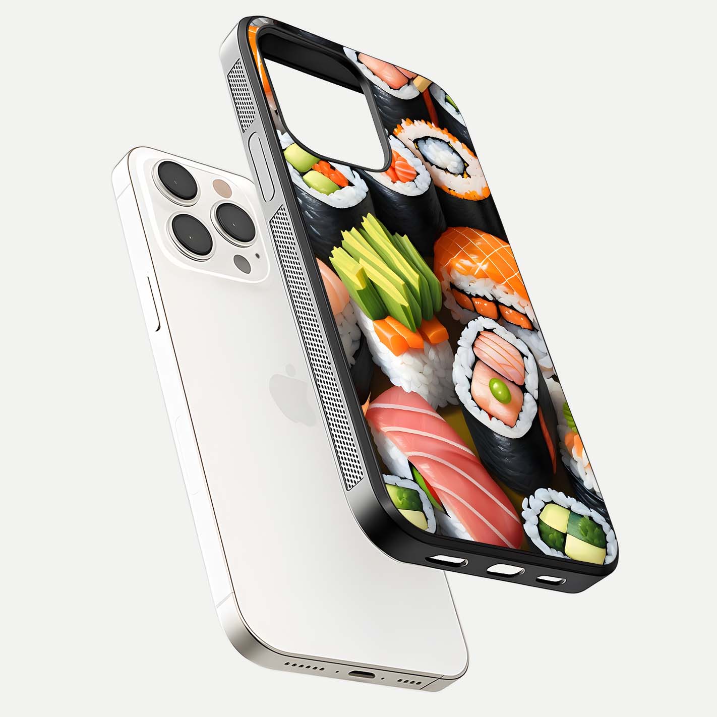 Sushi Food Pattern Glass Case for iPhone 15 Pro Max floating dual-view mockup displaying gloss and HD pattern