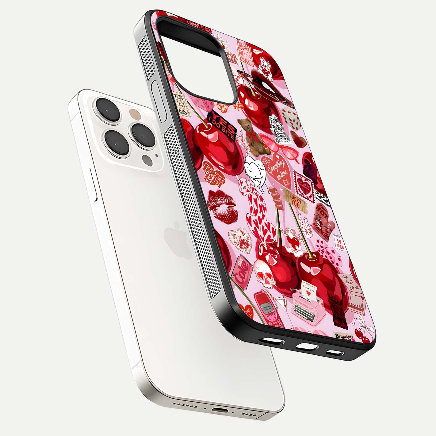 Sweet Cherry Chaos Glass Case for iPhone 15 Pro Max floating dual-view mockup displaying gloss surface and depth