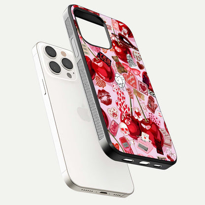 Sweet Cherry Chaos Glass Case for iPhone 15 Pro Max floating dual-view mockup displaying gloss surface and depth