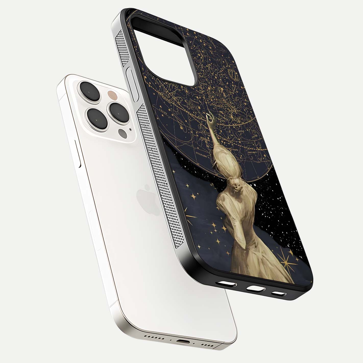 Taylor Swift Girl Glass Case for iPhone 15 Pro Max floating dual-view mockup displaying gloss and stylish artwork