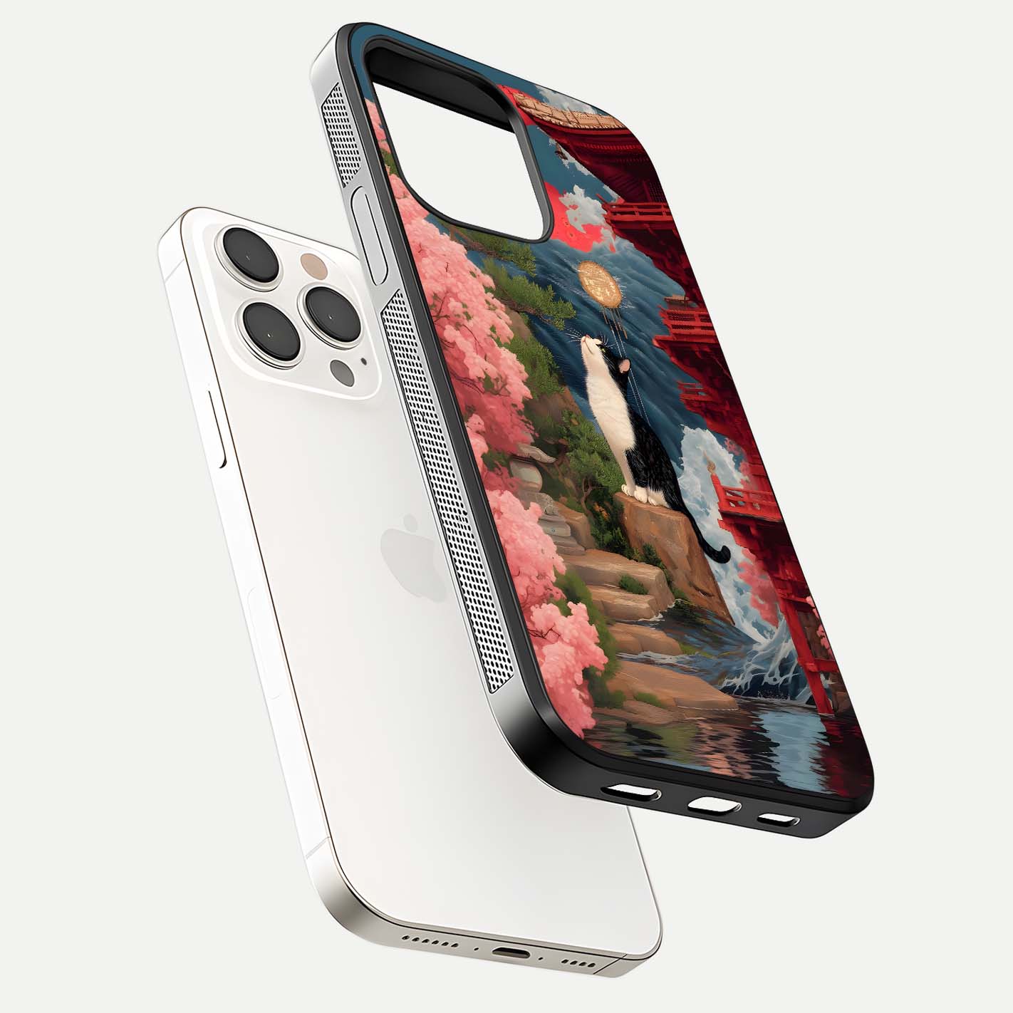 Temple Cat Scenery Glass Case for iPhone 15 Pro Max floating dual-view mockup displaying gloss and depth detail
