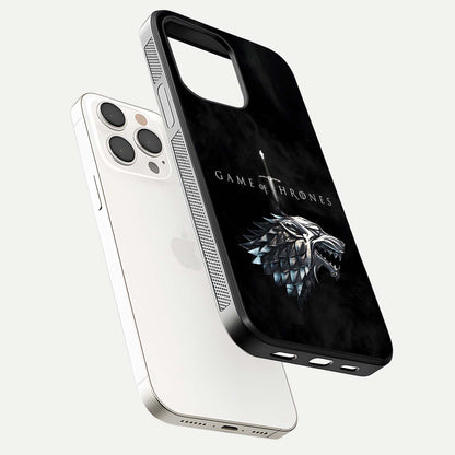 Throne Wolf Legacy Glass Case for iPhone 15 Pro Max floating dual-view mockup displaying gloss depth and wolf artwork
