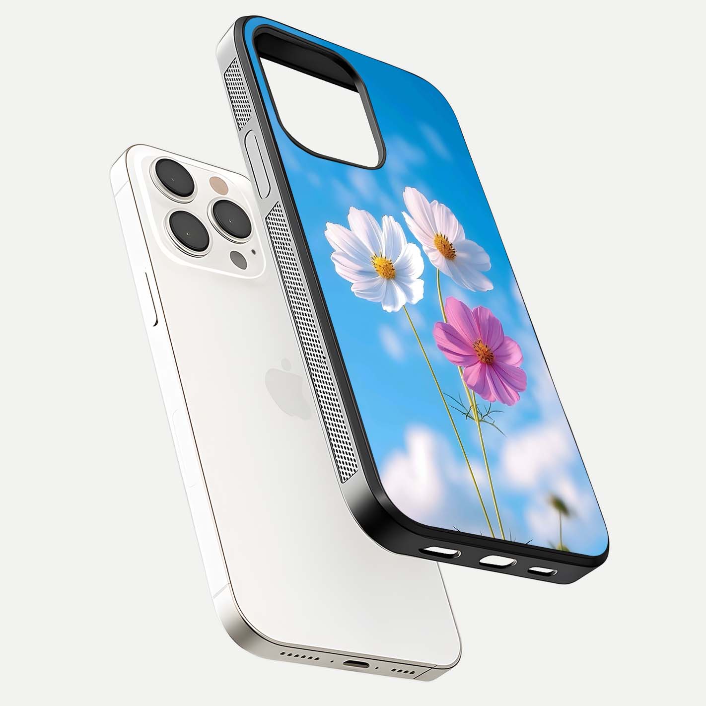 Triple Flowers With Sky Glass Case for iPhone 15 Pro Max floating dual-view mockup displaying gloss and soft hues