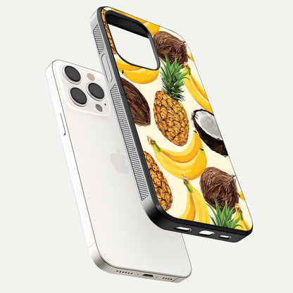 Tropical Fruit Mood Glass Case for iPhone 15 Pro Max floating dual-view mockup displaying gloss and vibrant colors
